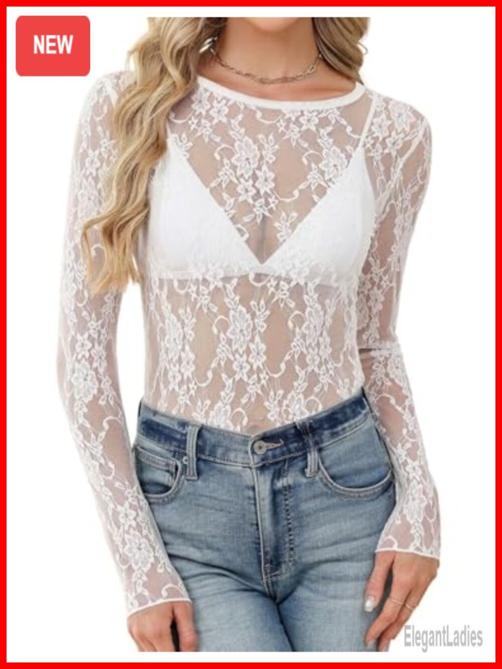 Womens Mesh Lace Long Sleeve See Through Blouse Crew Neck Party Top
